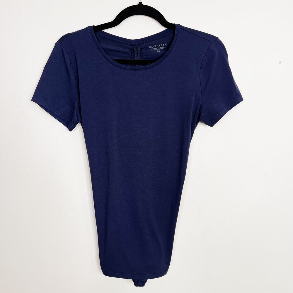 Athleta Encore Tee Ruched Open Back Navy Blue Short Sleeve XSmall XS Crew Neck